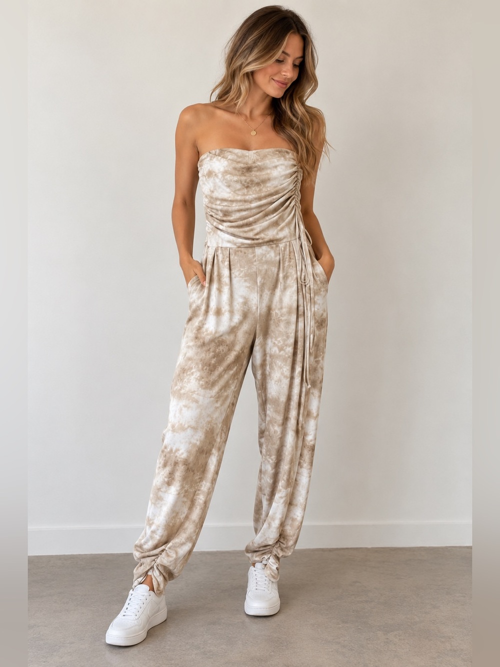 Streetwear Society Taupe Tie-Dye Draped Jumpsuit